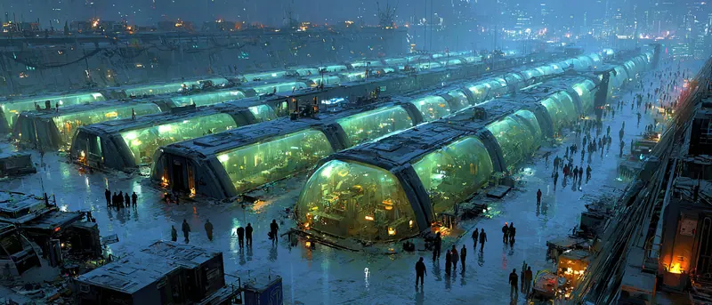 Long rows of glowing greenhouses with crowds walking between them