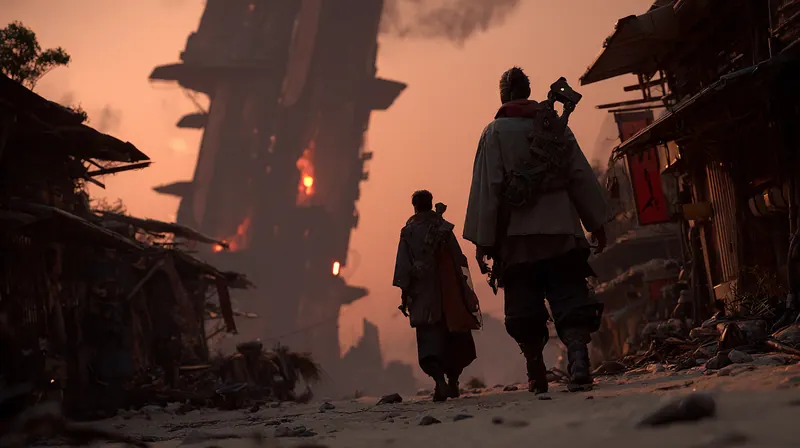 Travelers walking through a ruined street under a dark tower