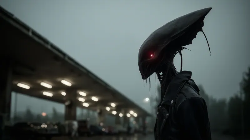 Figure with a long curved helmet under a bridge at night
