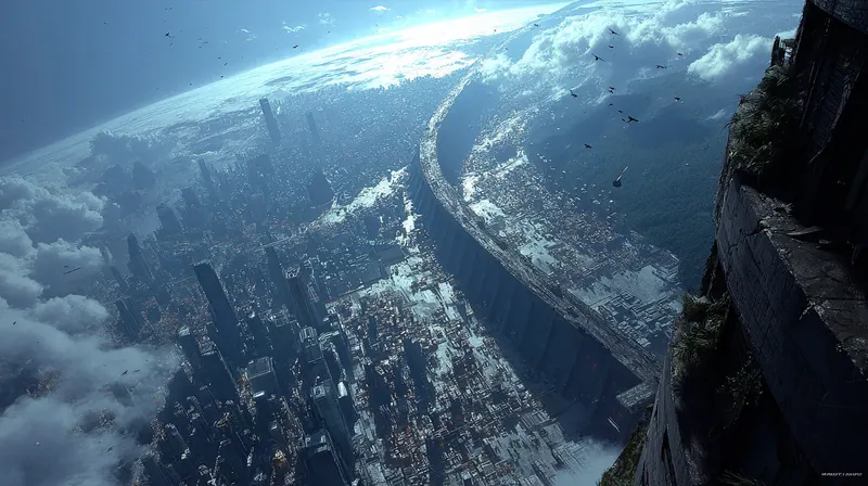 Curved horizon of a planet with a city under the clouds