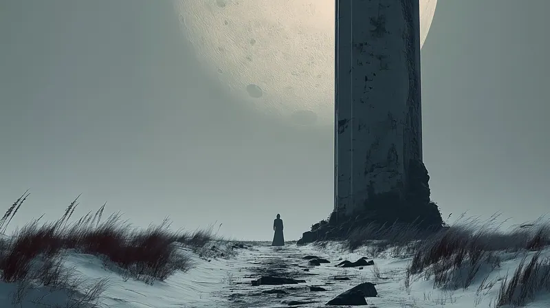 Lone figure in the snow below a massive pillar