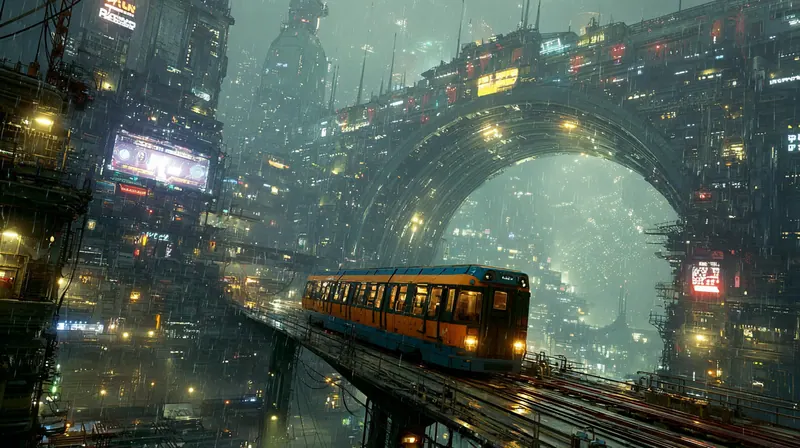 Train crossing a bridge in a city under a giant arch