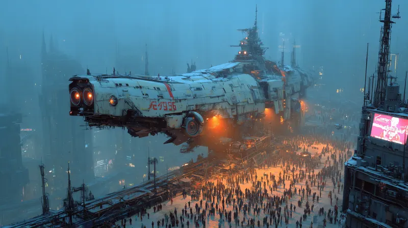 Airship hovering over a crowded square in the rain
