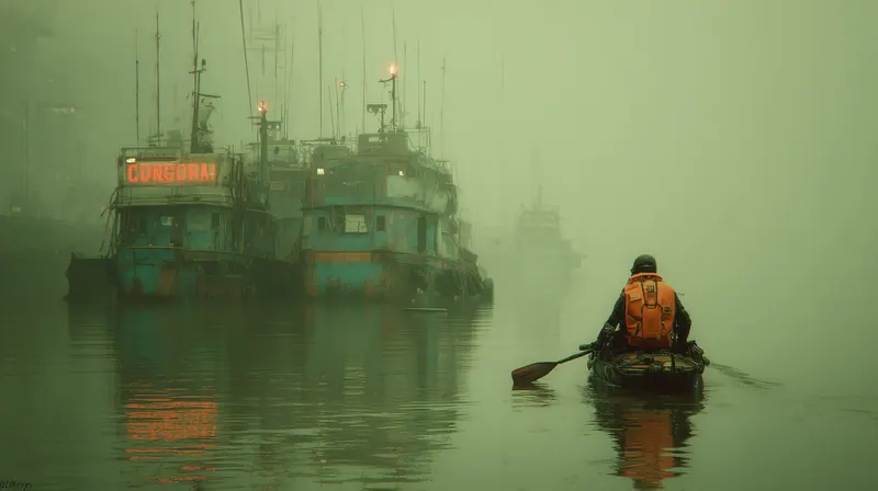 Person paddling a small boat toward rusted ships in green fog