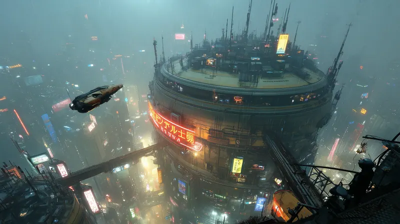 Round tower lit in neon with flying cars in the fog