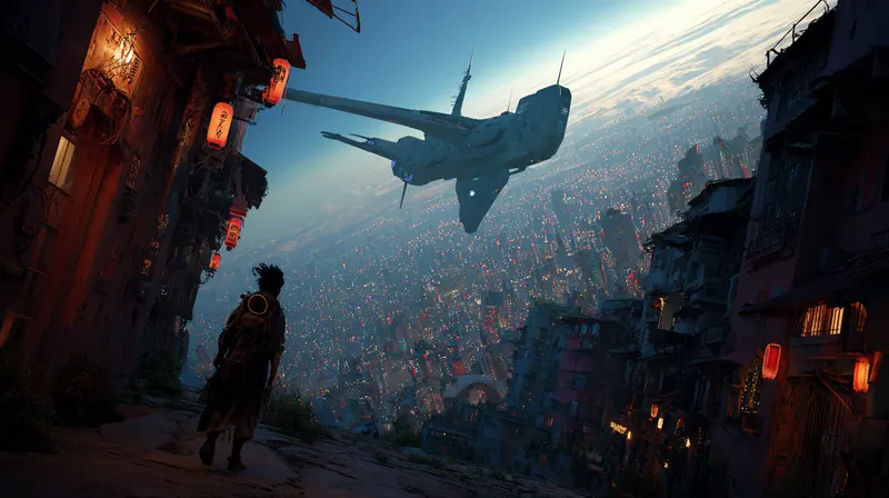 Figure in an alley watching an aircraft over the city