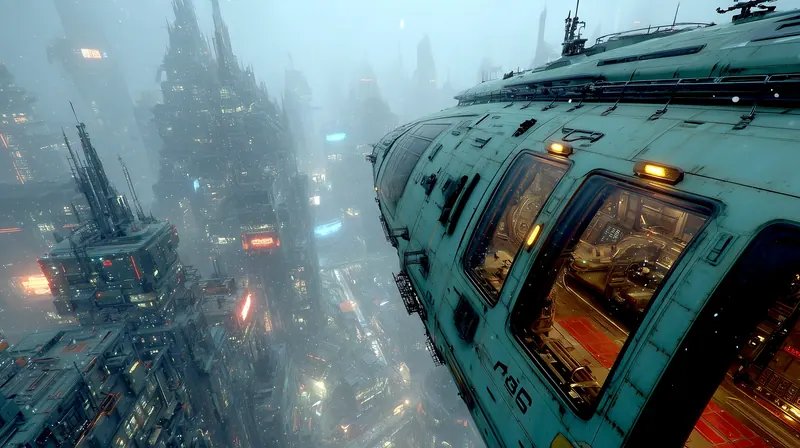 Teal train passing close to towers in a misty city