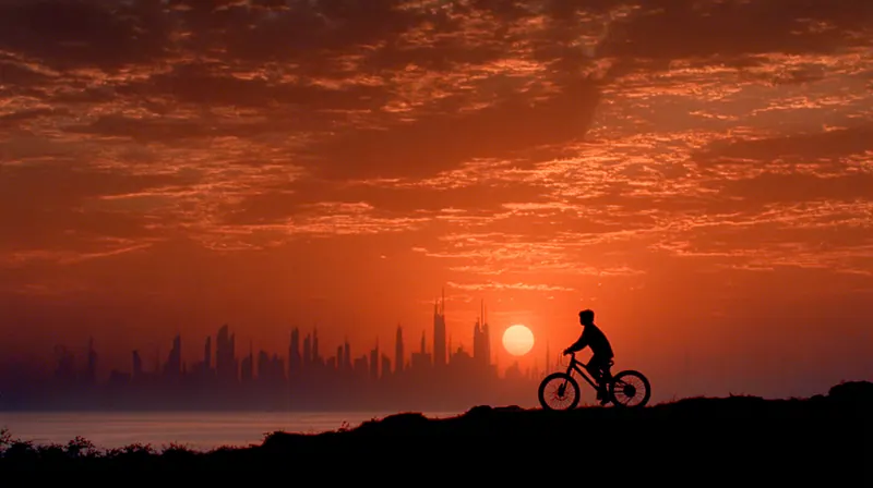 Silhouette of a cyclist against a red sunset