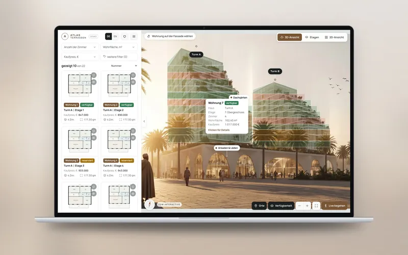 Atlas Terraces: the building in 3D on a laptop