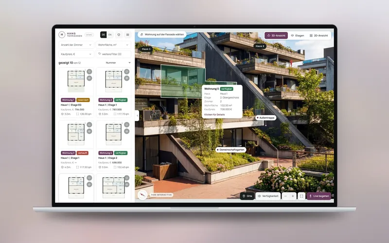Hillside Terraces: the building in 3D on a laptop