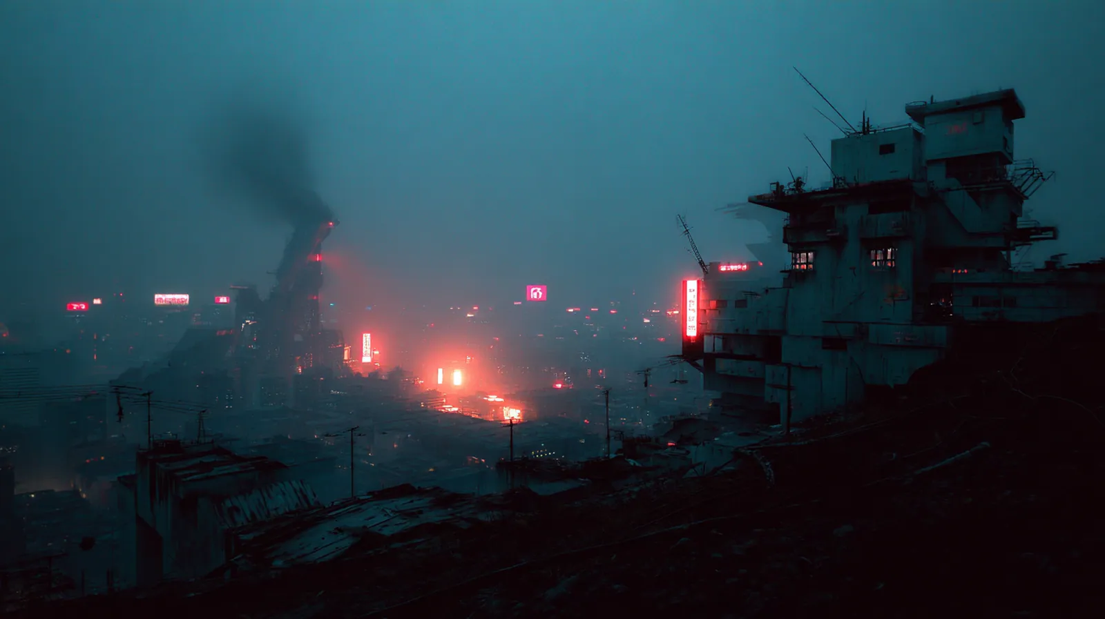 Dark city at night with smoke and small fires