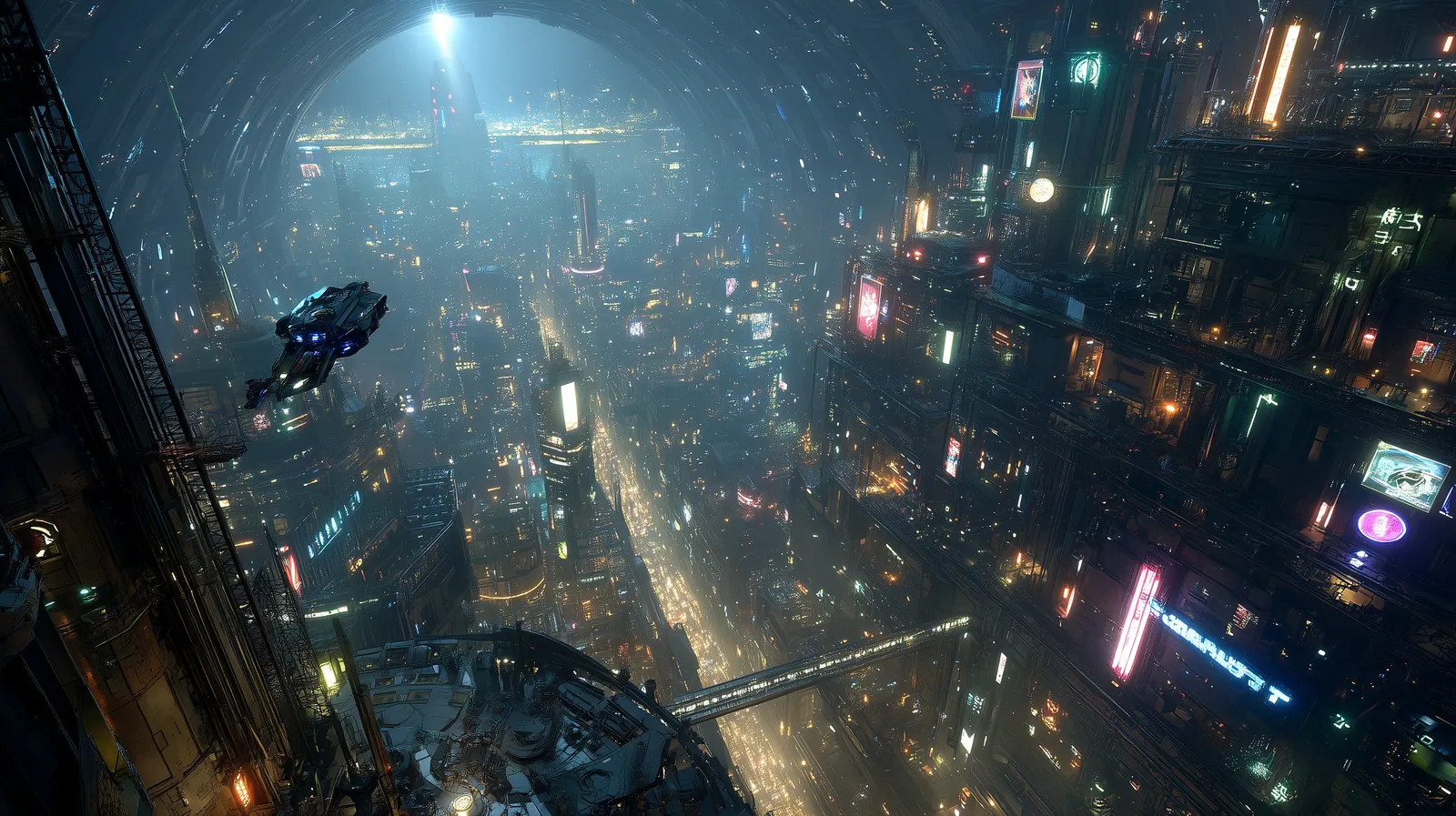 Towers full of lit windows with vehicles flying between them