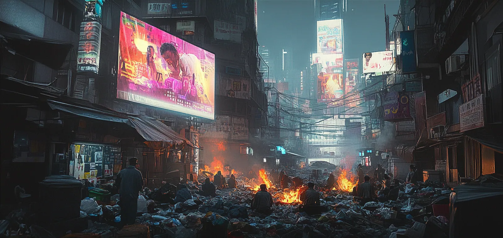 Crowded street with fires under a giant screen showing a face