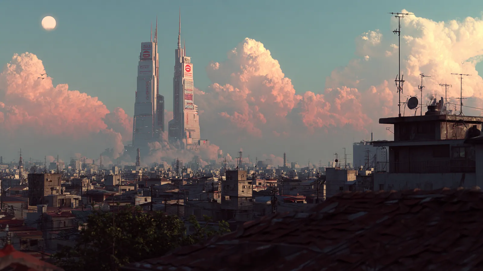 Twin towers above the city under pink clouds