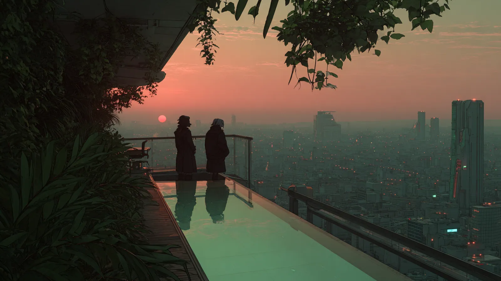 Two people at a rooftop pool among plants above a hazy city