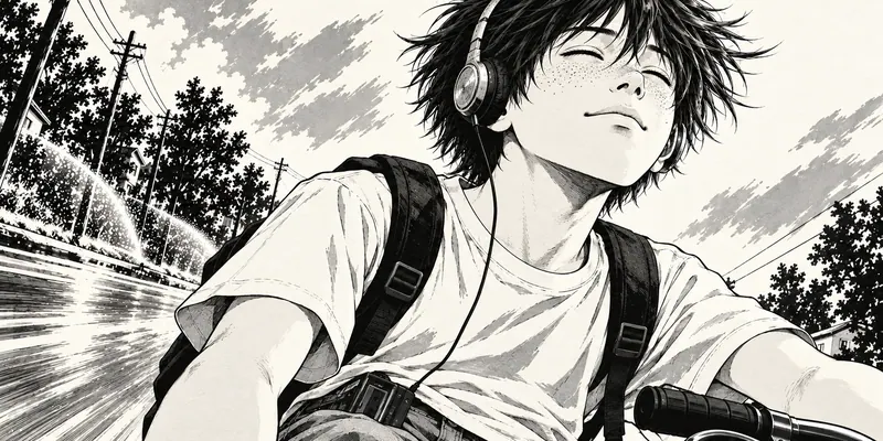Drawing of a boy with headphones riding a bike past trees
