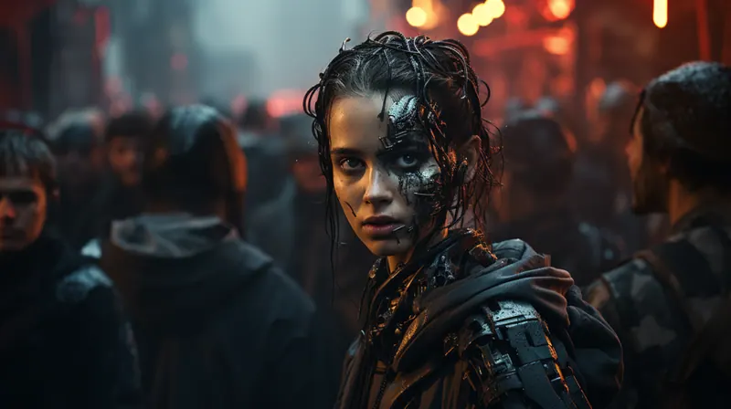 Woman with metal parts in her face in a crowd at night