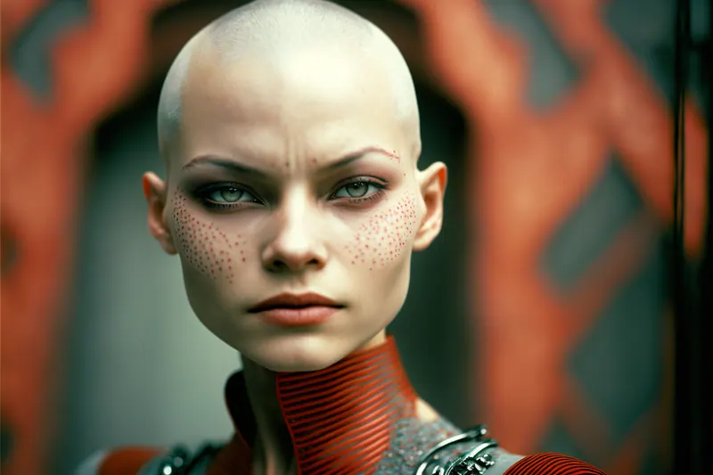 Bald woman with freckles and green eyes