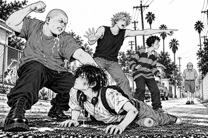 Drawing of older boys pinning a boy to the street