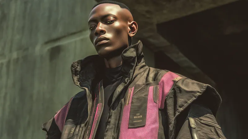Young man in a long jacket in a concrete hall