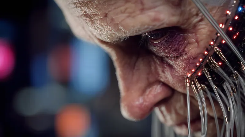 Close-up of an old woman with wires along her face