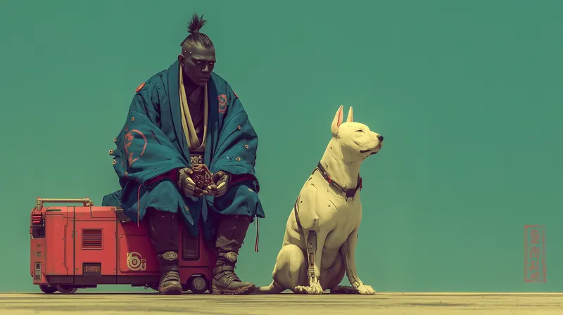 Man in a teal cloak sitting next to a white dog