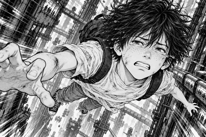 Drawing of a boy reaching out as he falls