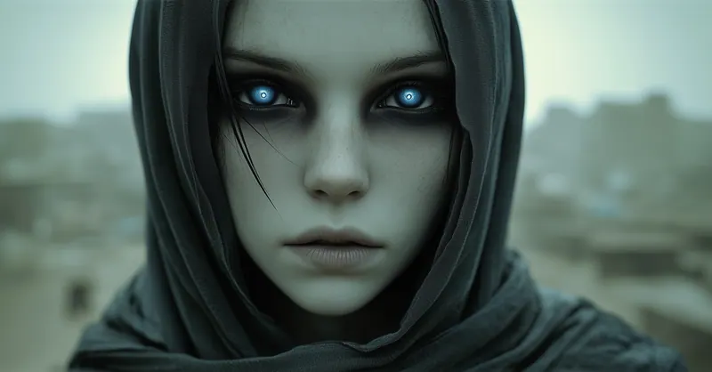 Young woman in a dark hood with pale blue eyes
