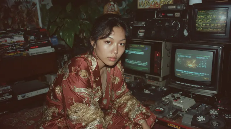 Young woman in a red robe among old monitors