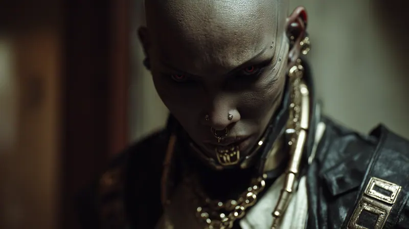 Bald woman with piercings and gold chains
