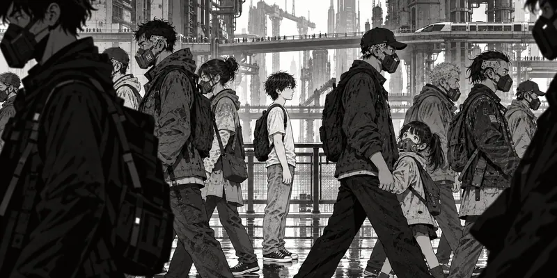 Drawing of a crowd walking under scaffolding