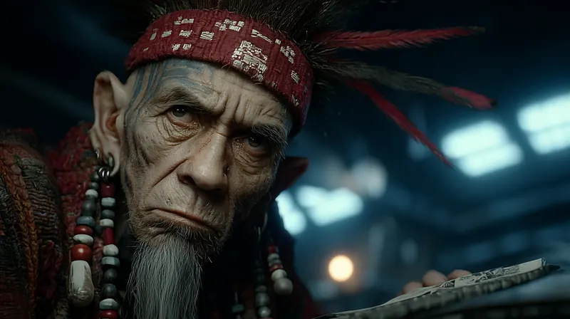 Old man with a red headband and strings of beads
