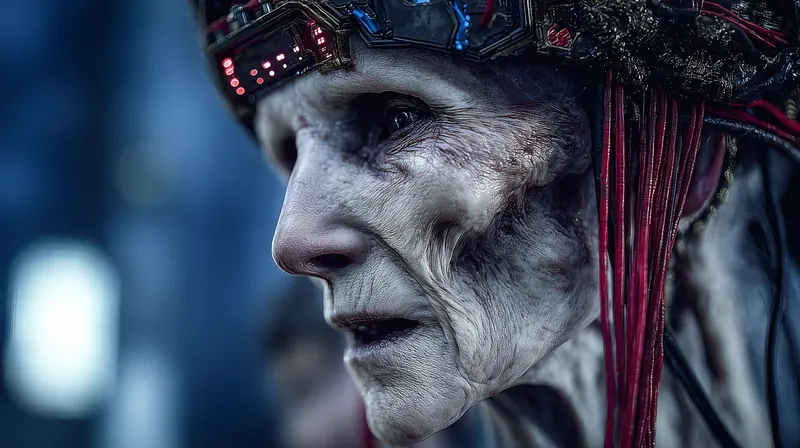 Pale old woman in a red headdress