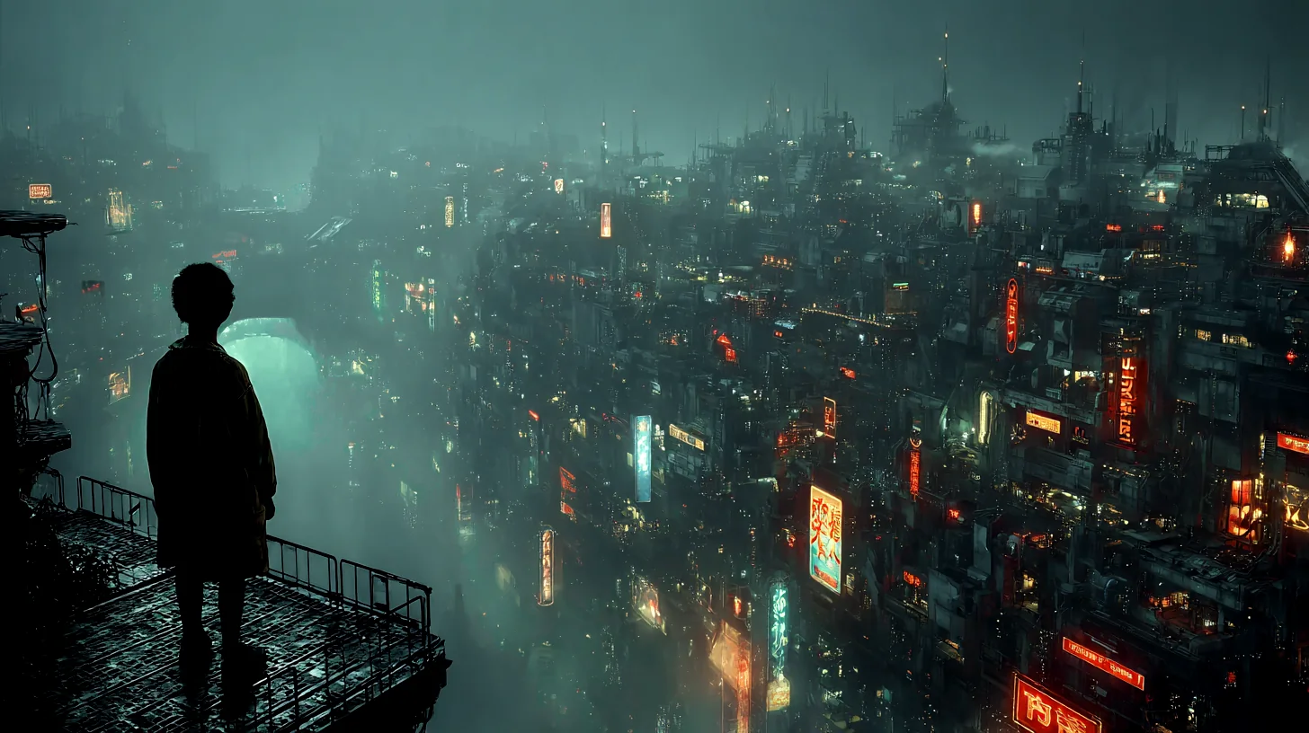 A boy at a railing above a city in teal fog